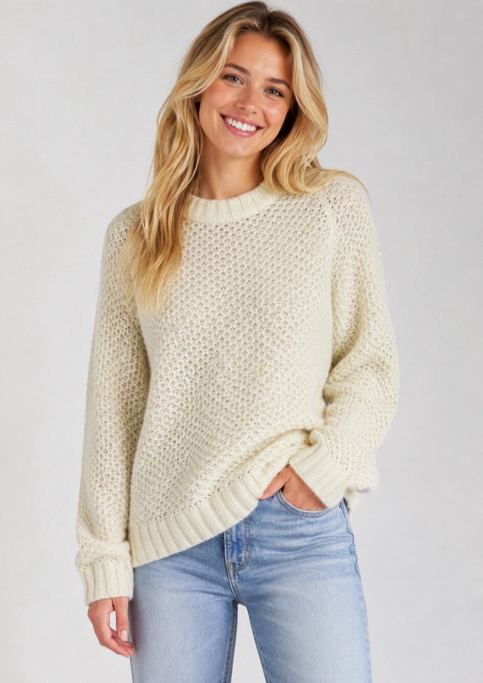 Wooden Ships Pullover Women’s XS Mohair Wool Blend Waffle Knit Slouchy Cream
